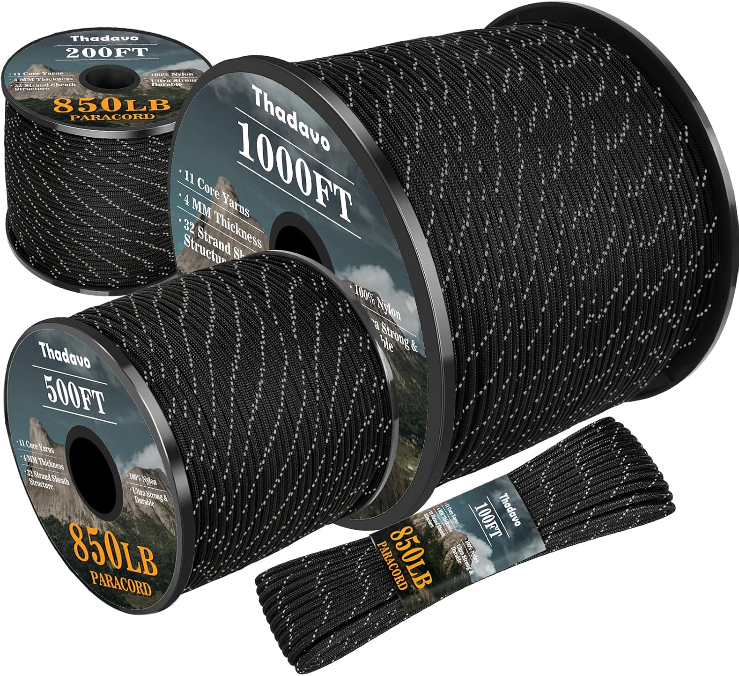 Para Cord 1000Ft - 850lb Reflective Paracord Rope 4mm, 50-1000ft,