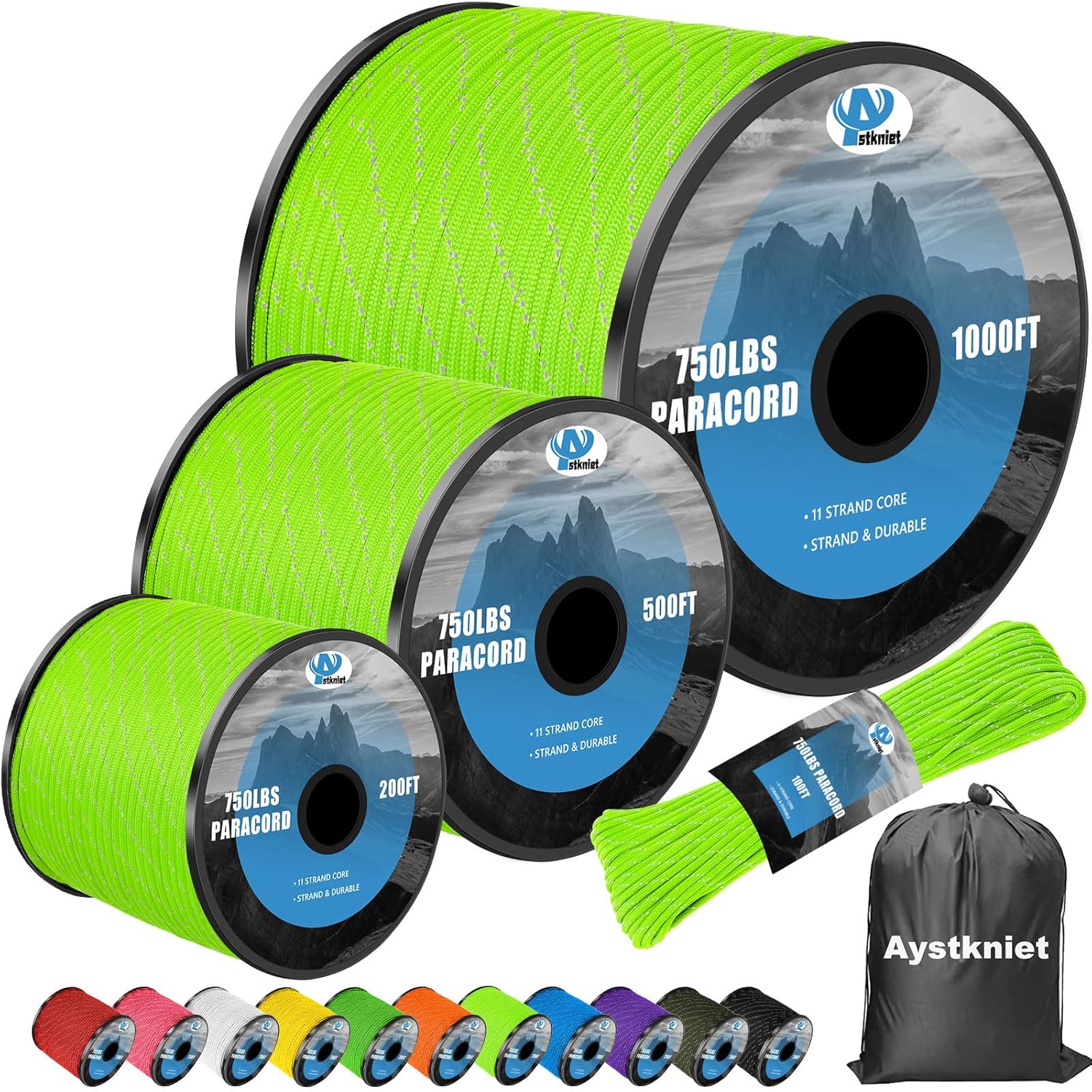 Para Cord 1000Ft - 750lb Reflective Paracord Rope, 100-1000ft, 4mm