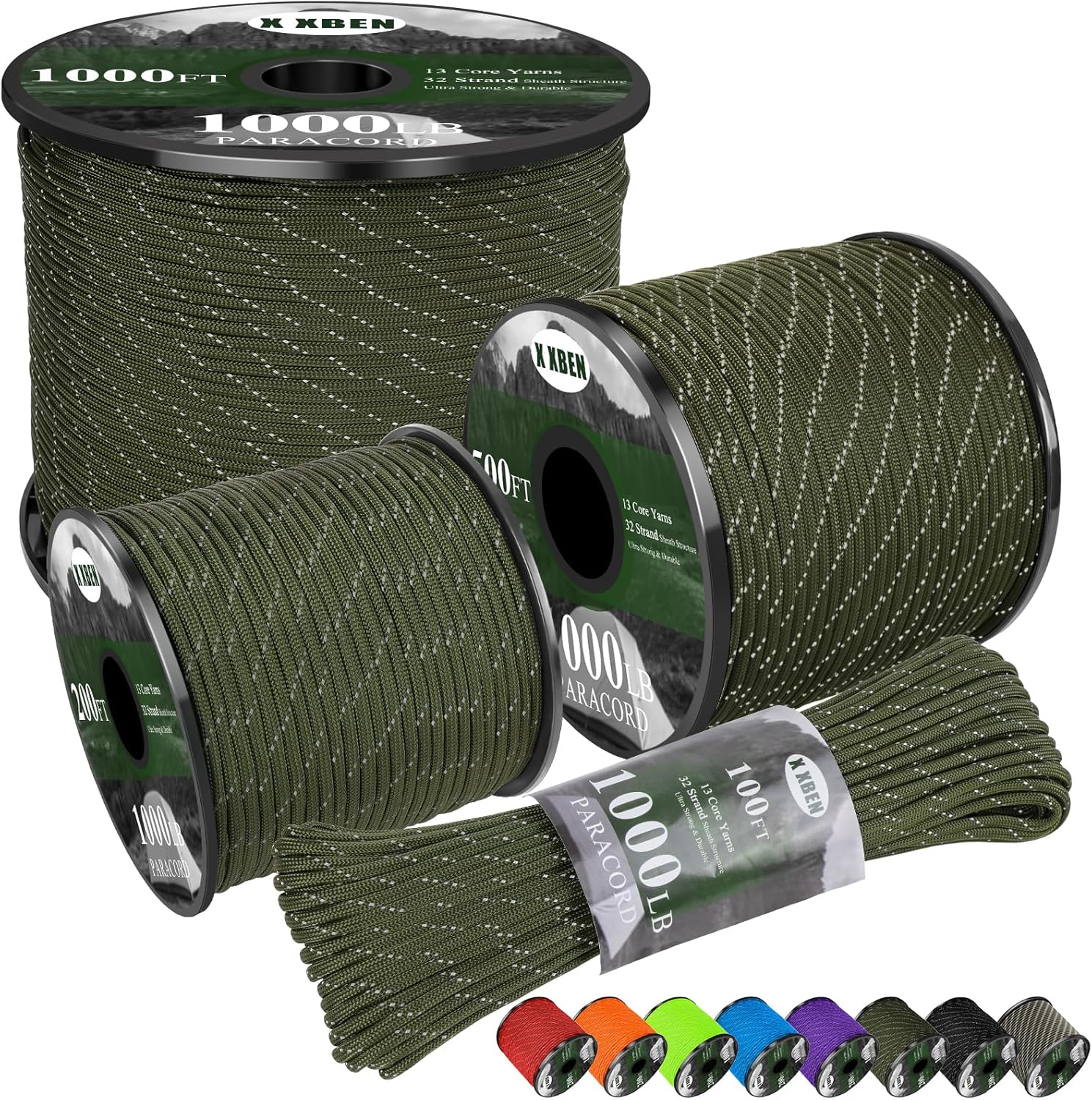 Para Cord 1000Ft - 1000lb Reflective Paracord 4mm, 13 Strand,